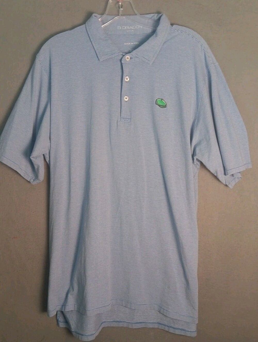B. Draddy Men’s XL Blue White Striped Golf Polo Green Hat Logo Pima Cotton - EUC